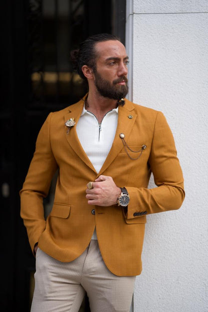Light Mustard Slim Fit Notch Lapel Cotton Blazer for Effortless Elegance