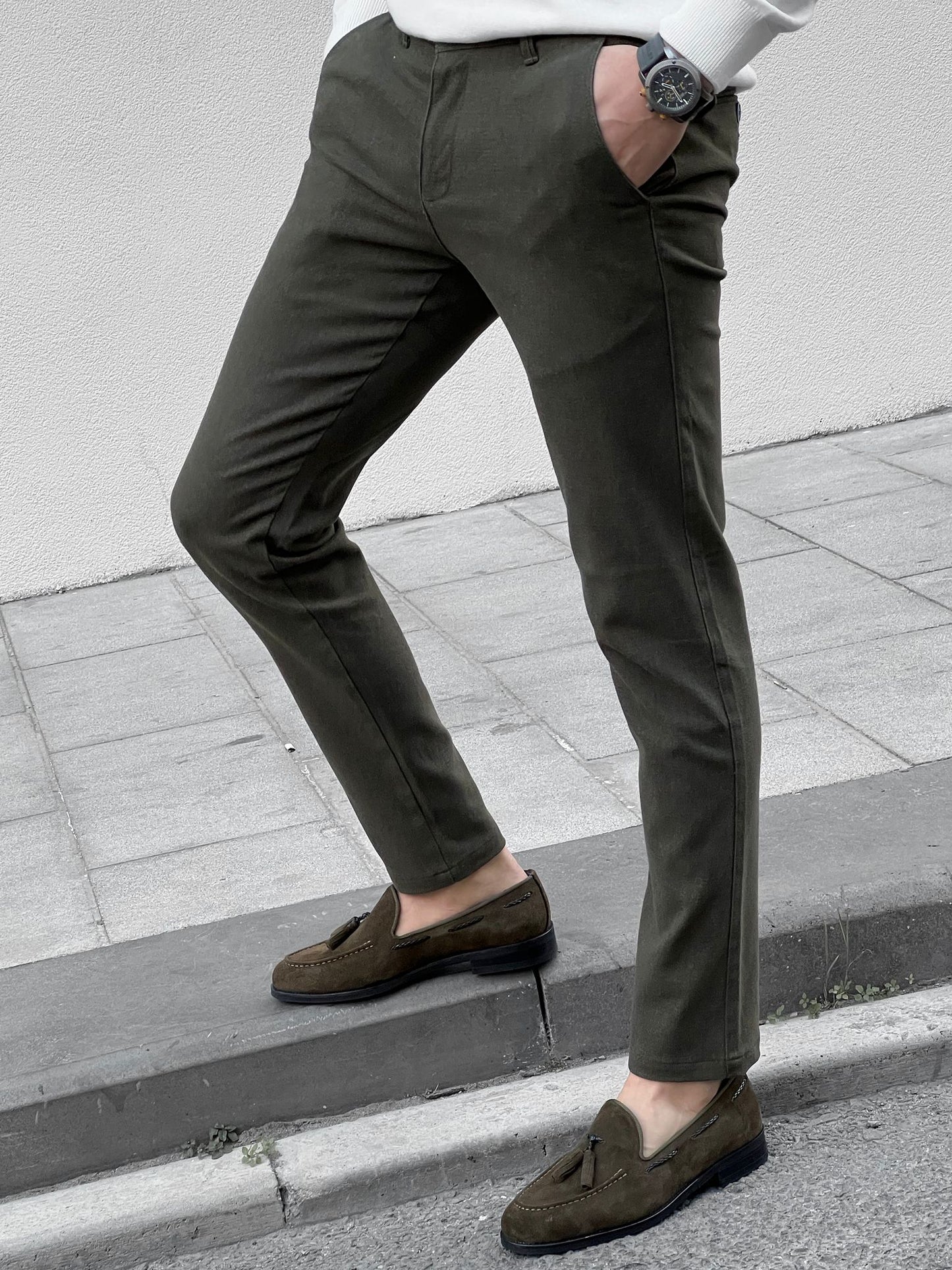 Fabio Khaki Slim Fit Cotton Pants