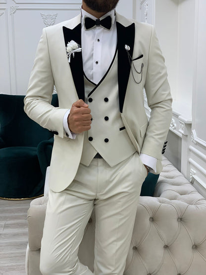 Acacia White Slim Fit Velvet Peak Lapel Tuxedo - Elevate Your Formal Wardrobe