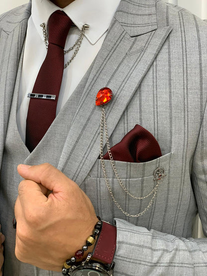 Lambrusco Dark Gray Slim Fit Peak Lapel Striped Suit