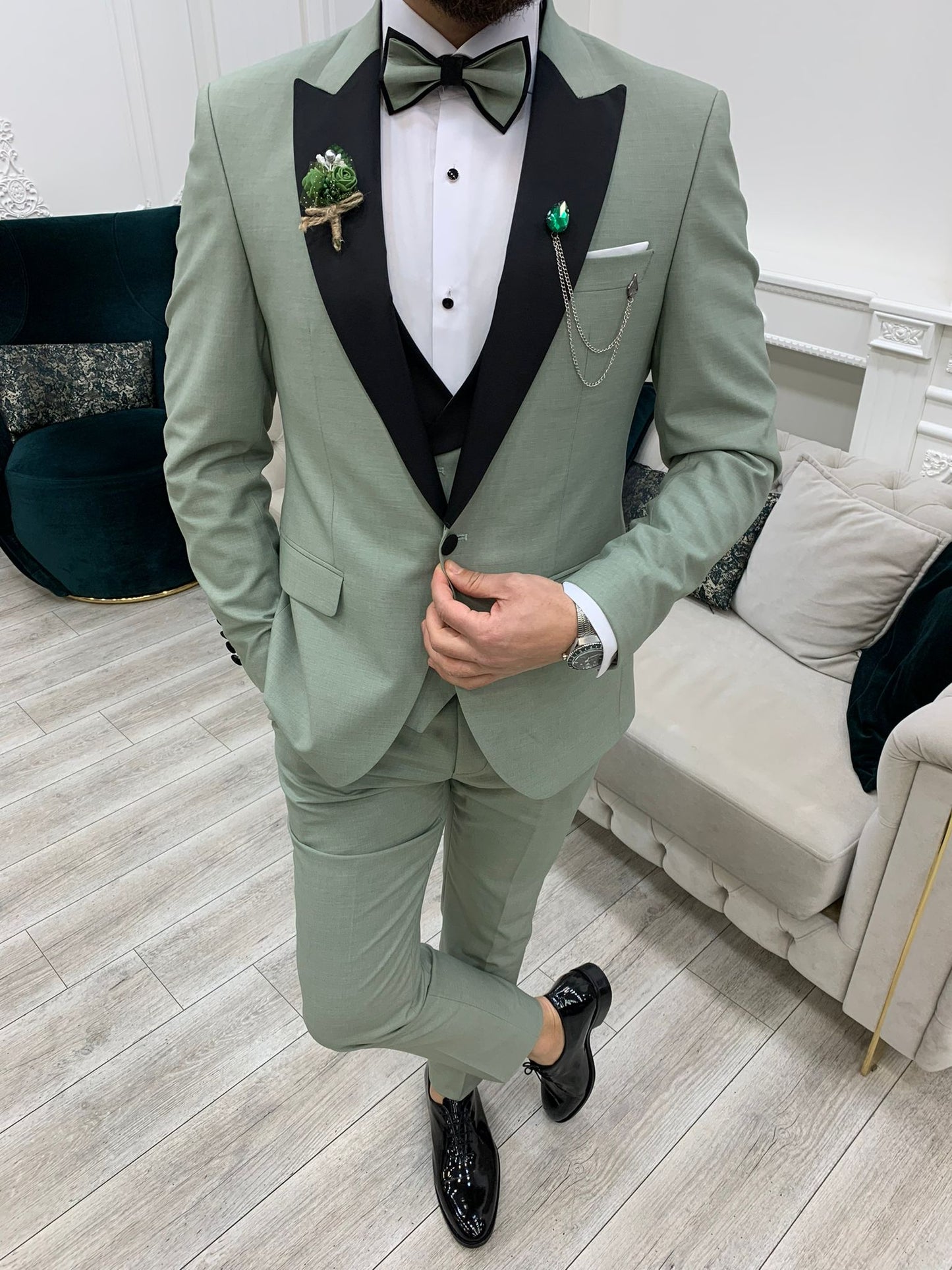 Perris Water Green Slim Fit Tuxedo