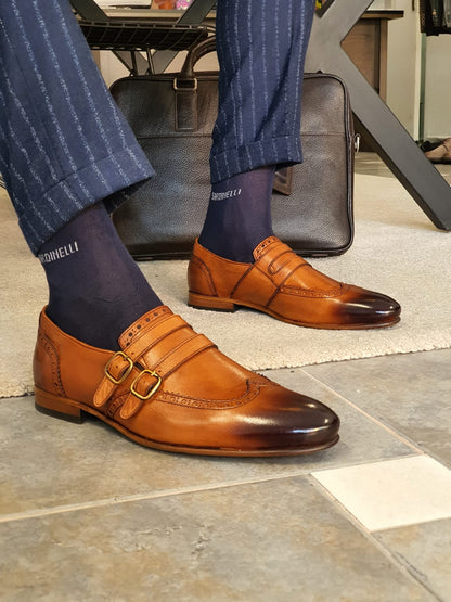 Stefano Tan Buckle Wingtip Loafers - Sophisticated Leather Footwear