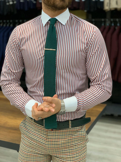 Jake Claret Red Striped Slim Fit Shirt