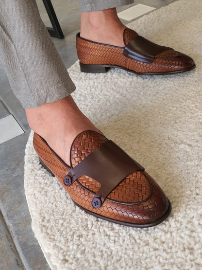 Bristol Tan Woven Leather Double Monk Strap Loafers