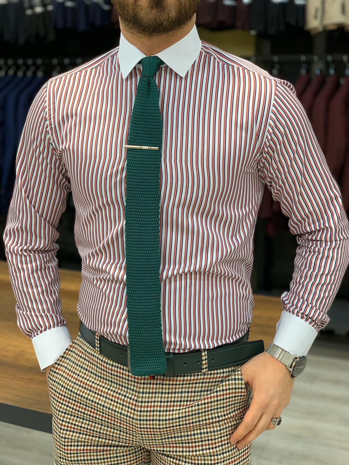 Jake Claret Red Striped Slim Fit Shirt