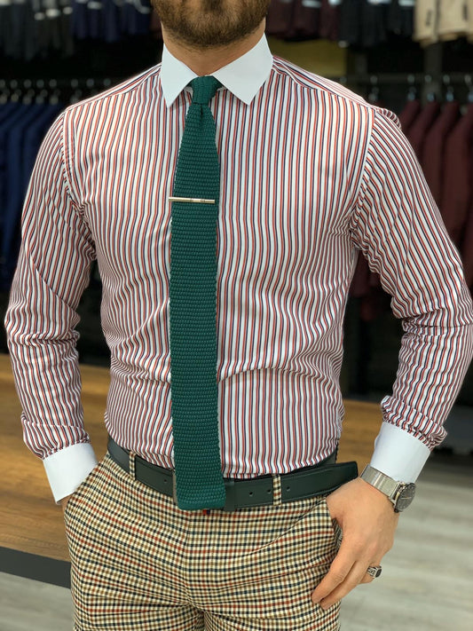 Jake Claret Red Striped Slim Fit Shirt