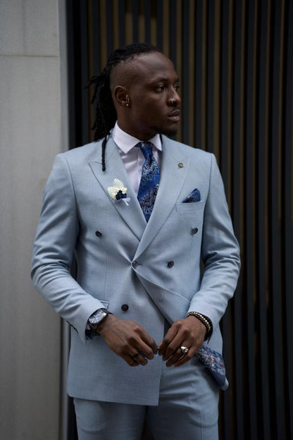 Sorento Sky Blue Slim Fit Double Breasted Linen Suit