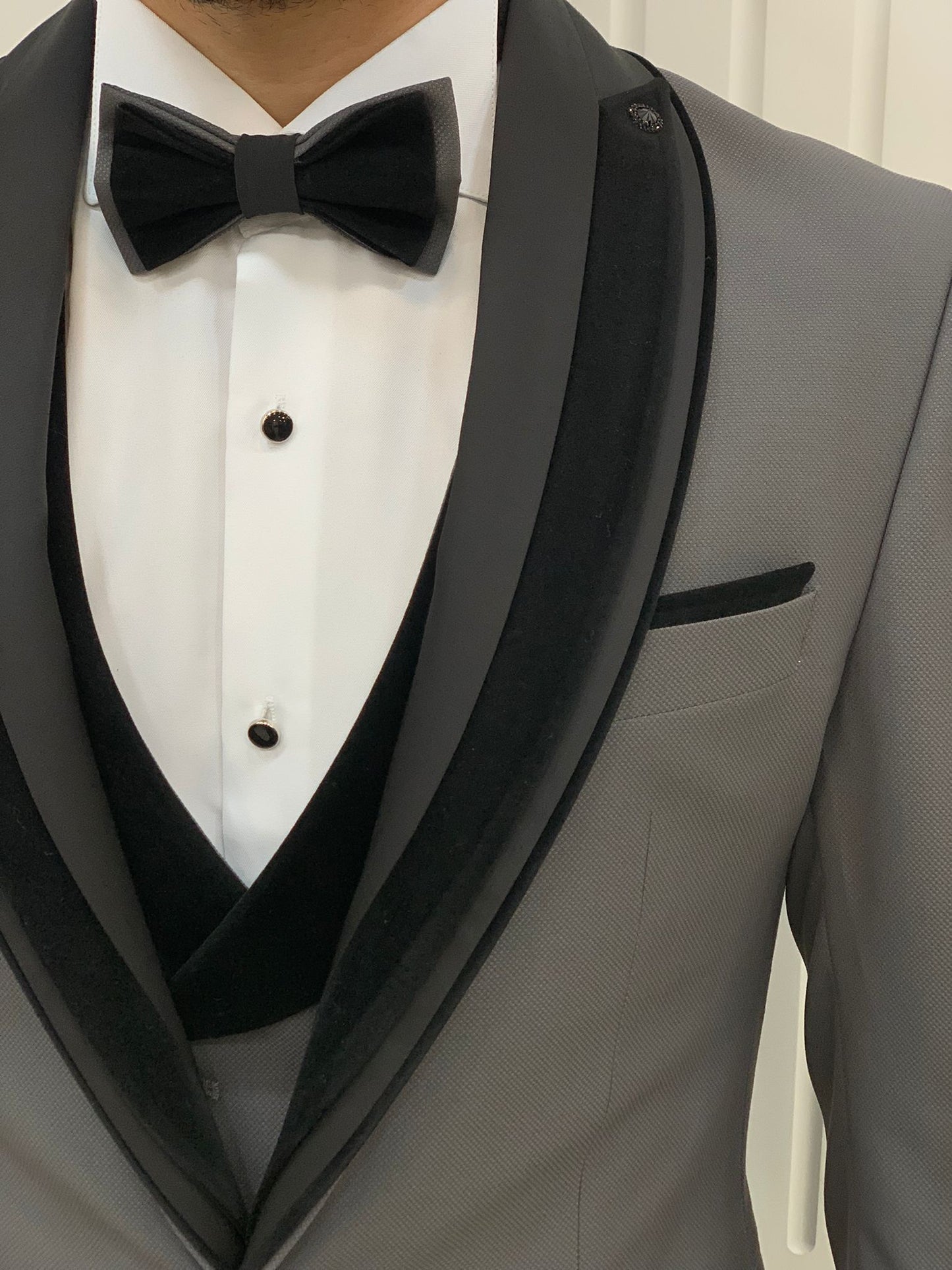 Eden Gray Slim Fit Velvet Satin Shawl Lapel Tuxedo