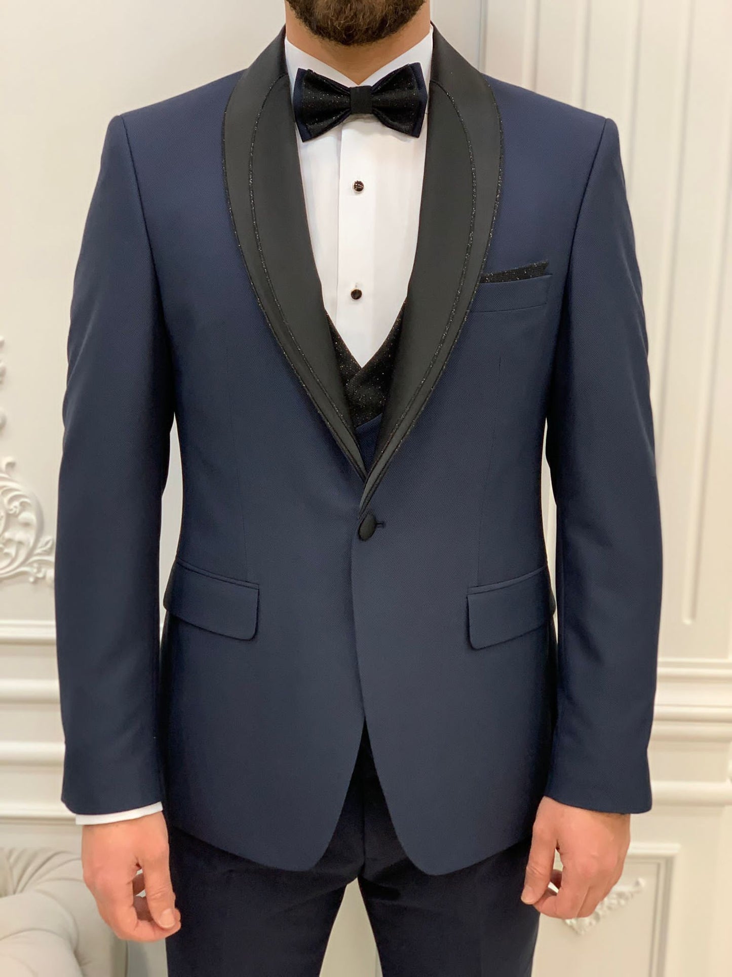 Eden Navy Blue Slim Fit Glitter Shawl Lapel Tuxedo