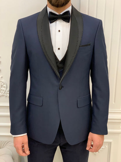 Eden Navy Blue Slim Fit Glitter Shawl Lapel Tuxedo