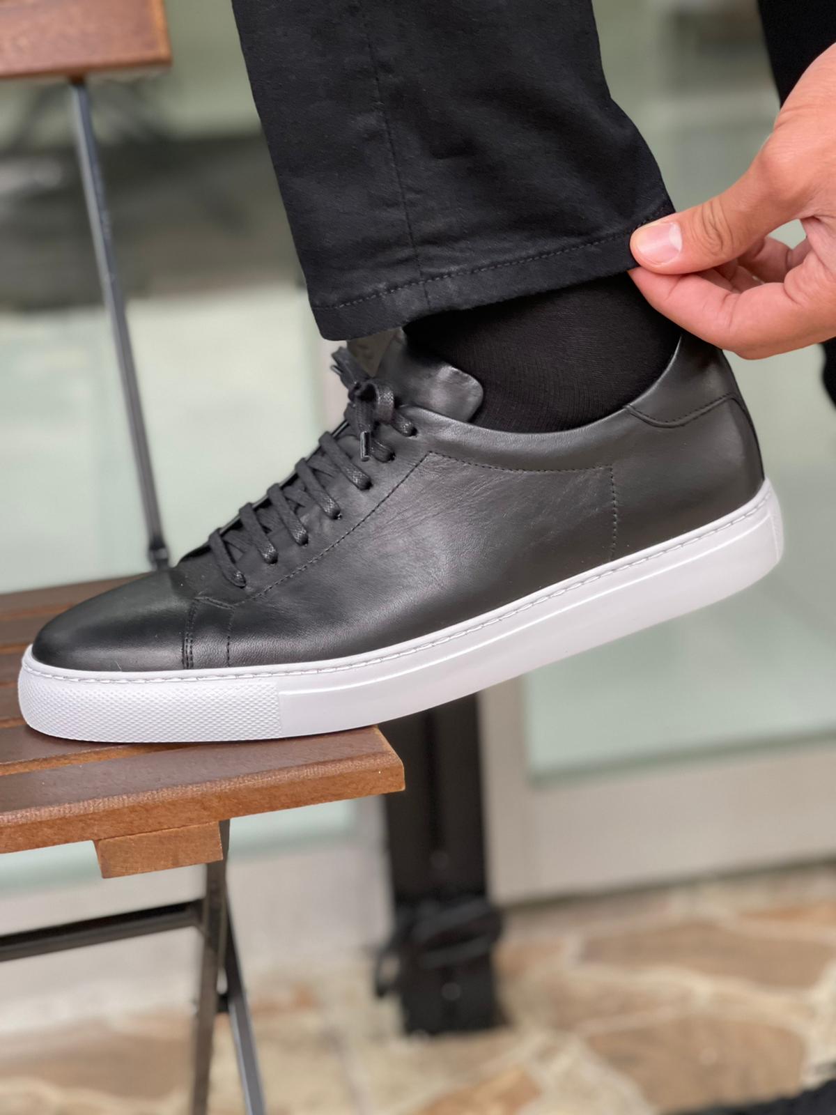 Martin Black Lace-Up Mid-Top Sneakers - Elegant Leather Footwear for Every Occasion