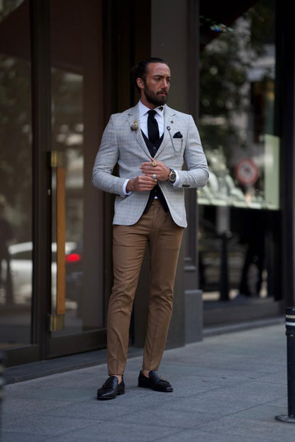 Sorento Gray Slim Fit Notch Lapel Plaid Blazer