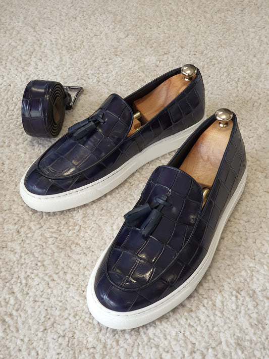 Berton Navy Blue Tassel Loafers: Sophisticated Elegance