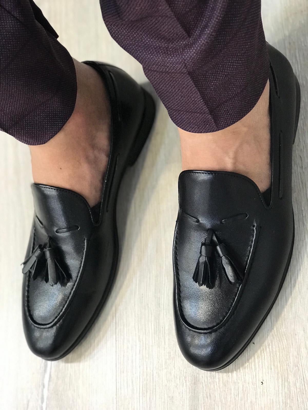 Tassel Leather Black Loafers for Men