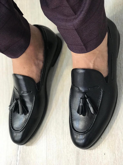 Tassel Leather Black Loafers for Men