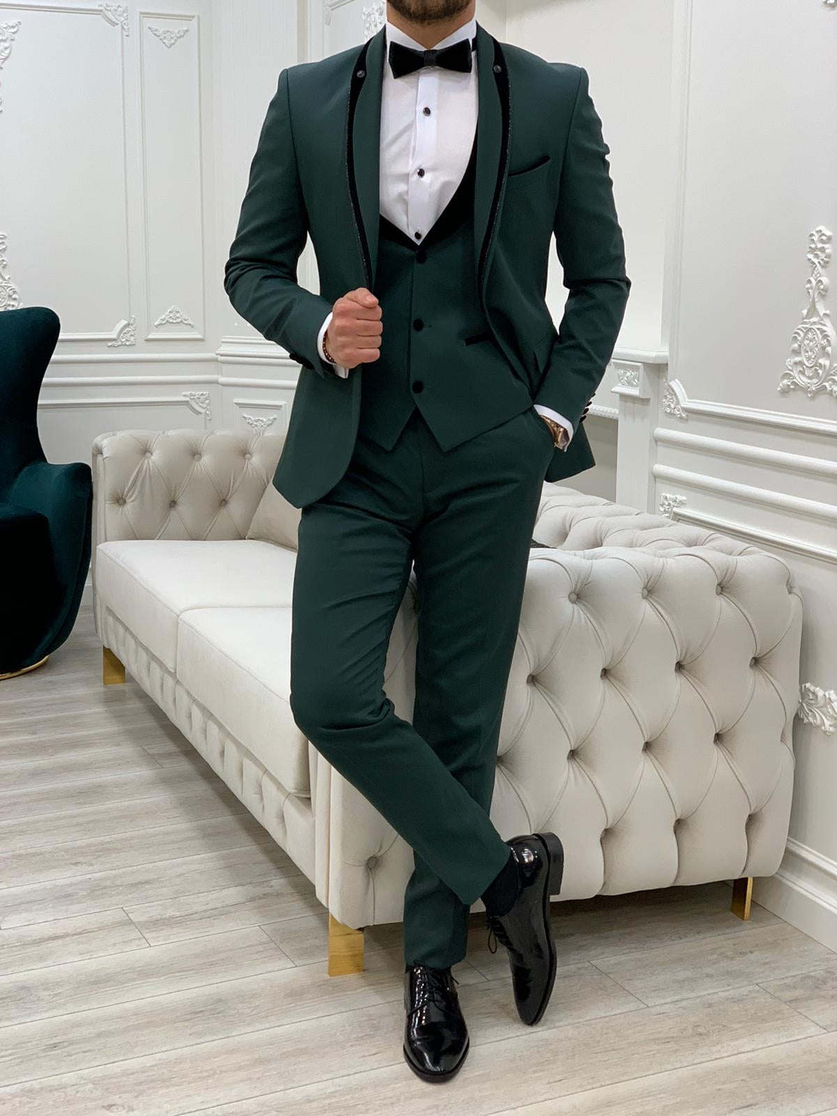 Infinite Green Slim Fit Velvet Peak Lapel Tuxedo