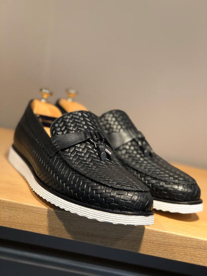 Odessa Black Woven Leather Tassel Loafer