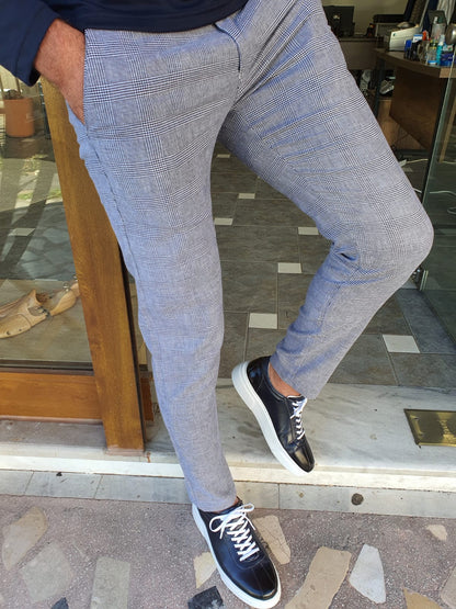 Montreal Navy Blue Slim Fit Plaid Cotton Pants