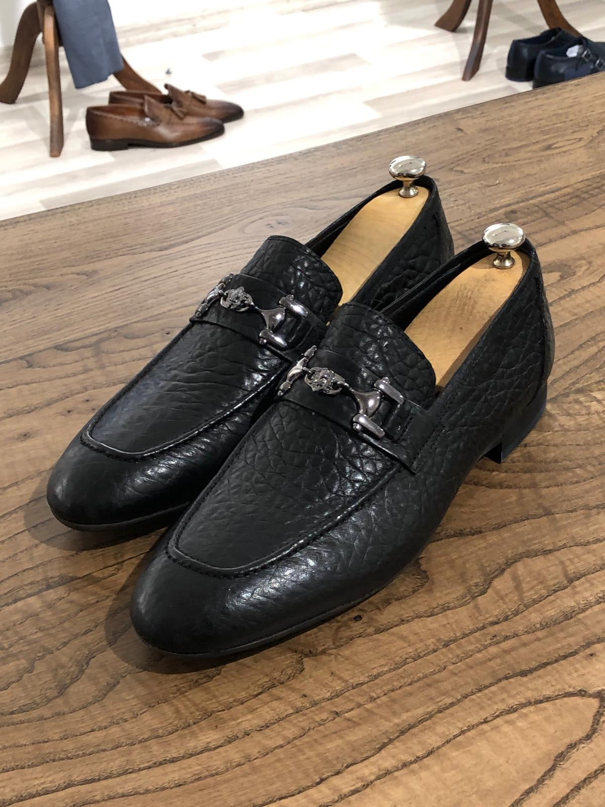 Ferrar Buckled Black Leather Loafers