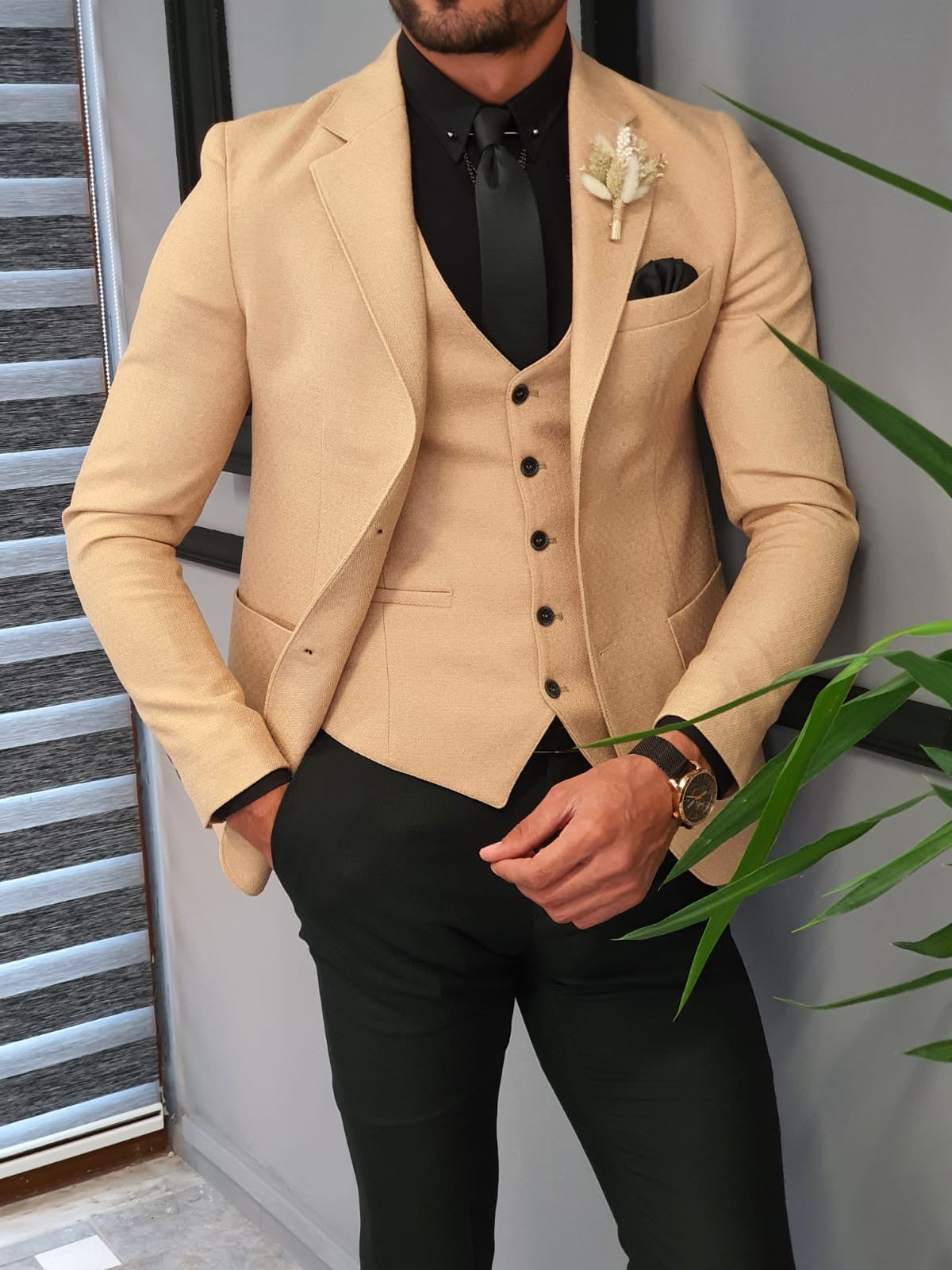 Edmond Beige Slim Fit Suit: The Ultimate Versatile Three-Piece Suit