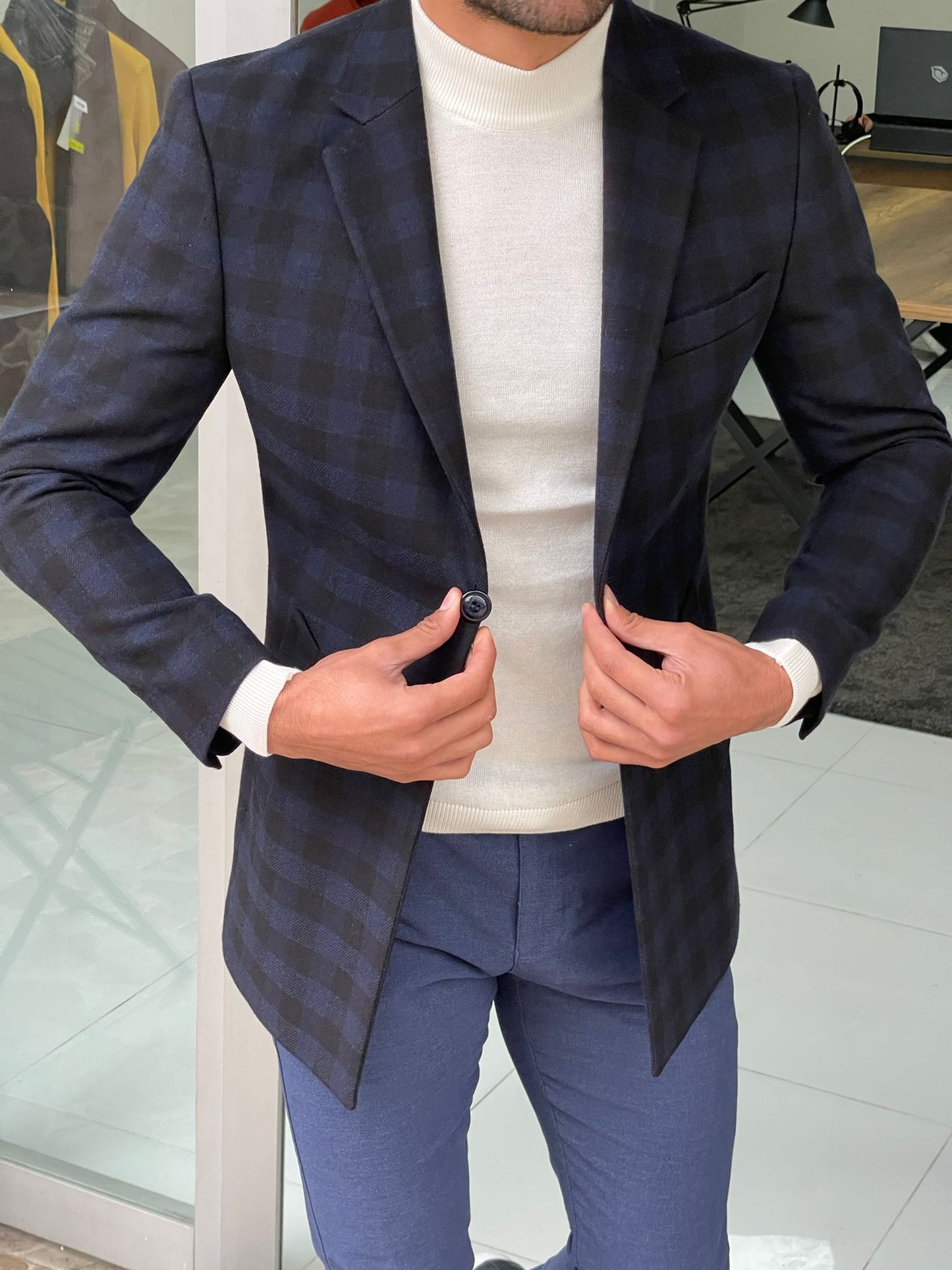 Melbourne Navy Blue Slim Fit Plaid Wool Long Coat