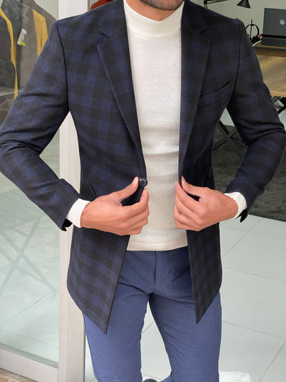 Melbourne Navy Blue Slim Fit Plaid Wool Long Coat