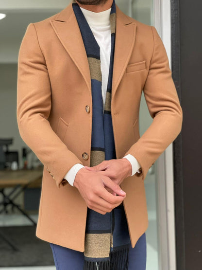 Viena Camel Slim Fit Wool Long Coat