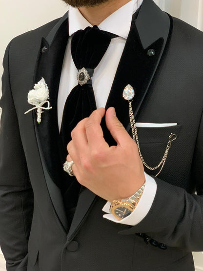 Forte Black Slim Fit Velvet Peak Lapel Wedding Suit