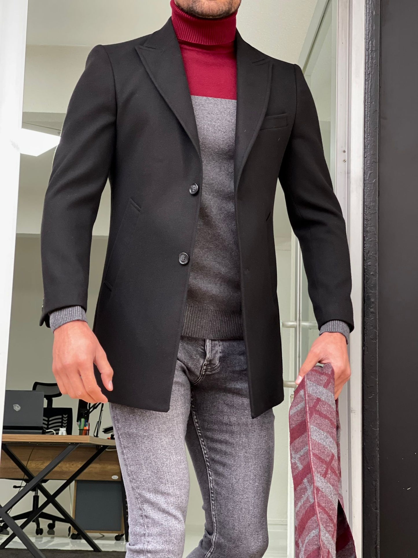 Viena Black Slim Fit Wool Long Coat