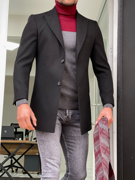 Viena Black Slim Fit Wool Long Coat