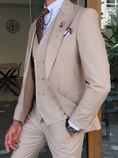 Boston Beige Slim Fit Peak Lapel Wool Suit - Elevate Your Wardrobe