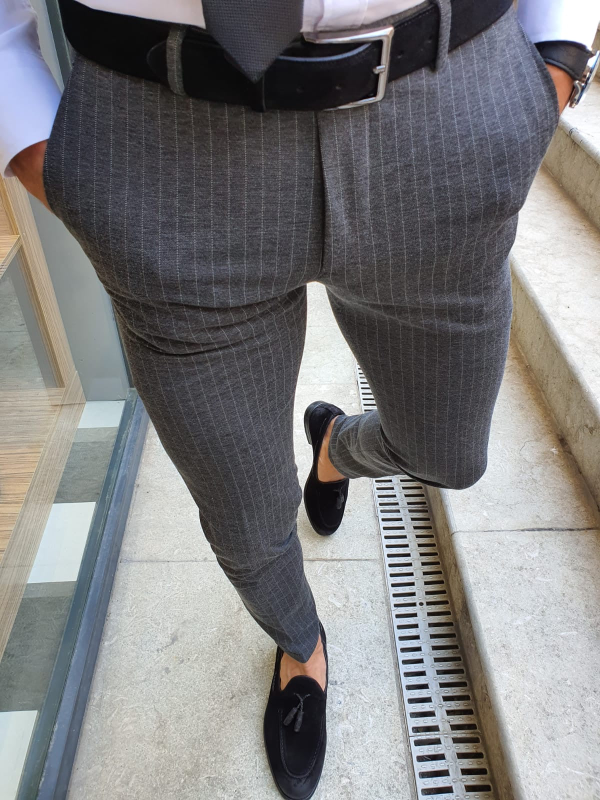 Oakland Anthracite Slim Fit Pinstripe Pants