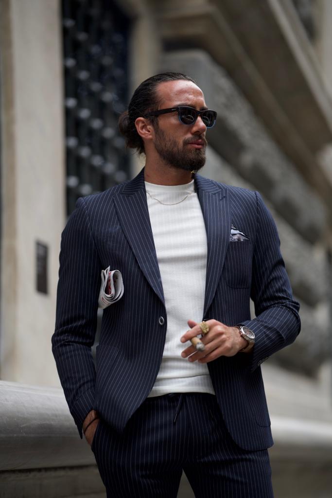 Sorento Dark Blue Slim Fit Double Breasted Pinstripe Suit