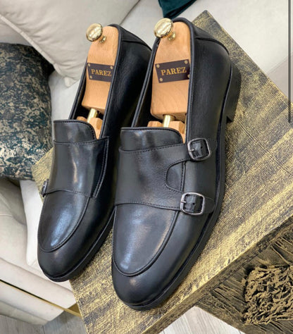 Louise Black Double Monk Strap Loafers - Elegant Leather Footwear for Every Occasion