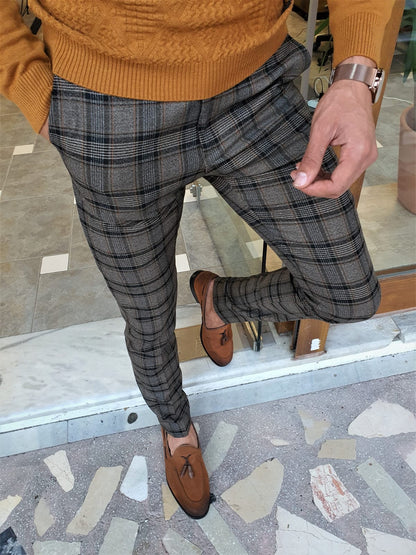 Henderson Camel Slim Fit Plaid Pants for the Modern Man