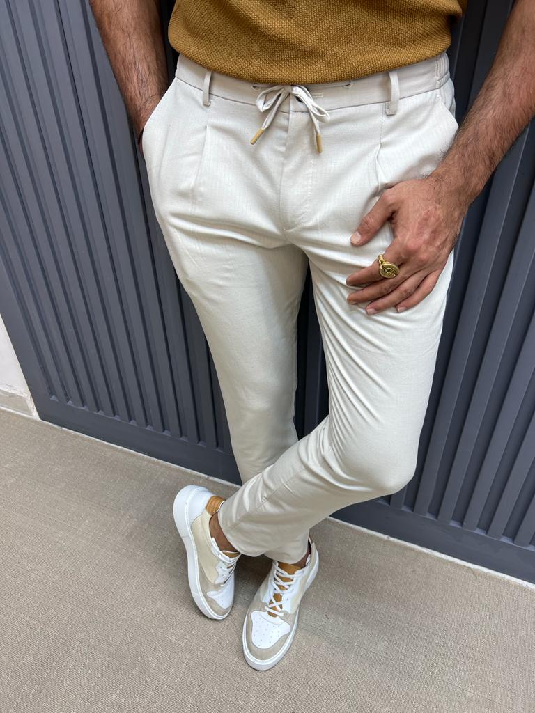 Sorento Beige Slim Fit Linen Pants