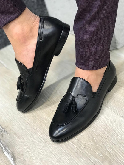 Tassel Leather Black Loafers for Men