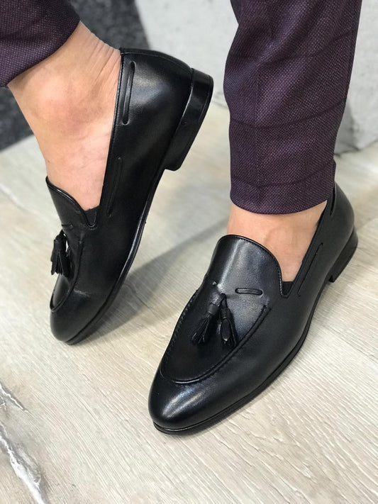 Tassel Leather Black Loafers for Men