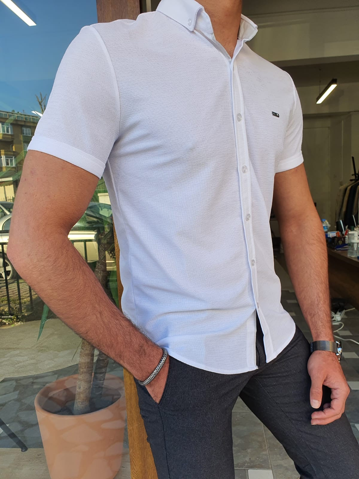 Brabion Aron White Slim Fit Short Sleeve Shirt - Versatile Elegance