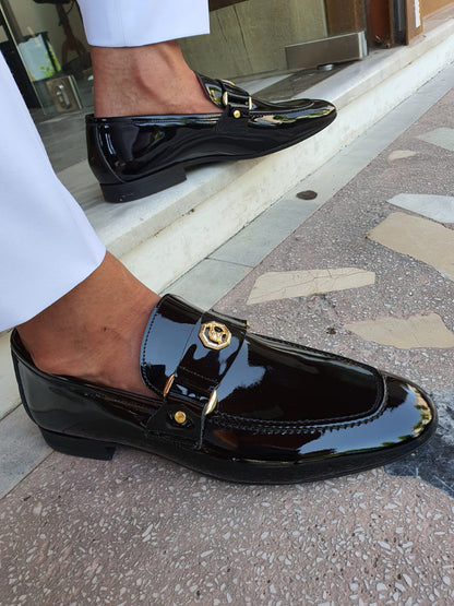 Berton Black Patent Leather Penny Loafers for Men