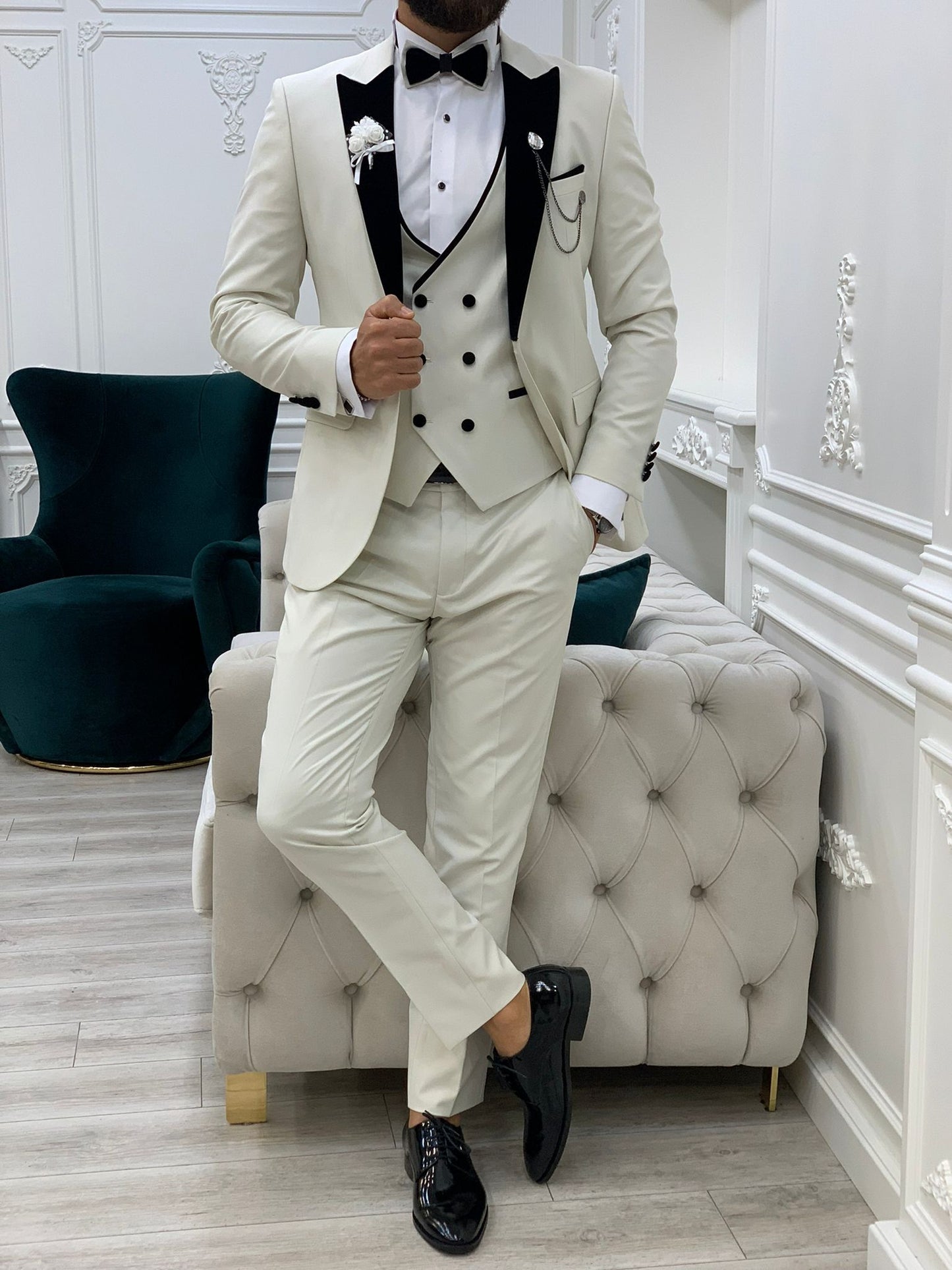 Acacia White Slim Fit Velvet Peak Lapel Tuxedo - Elevate Your Formal Wardrobe