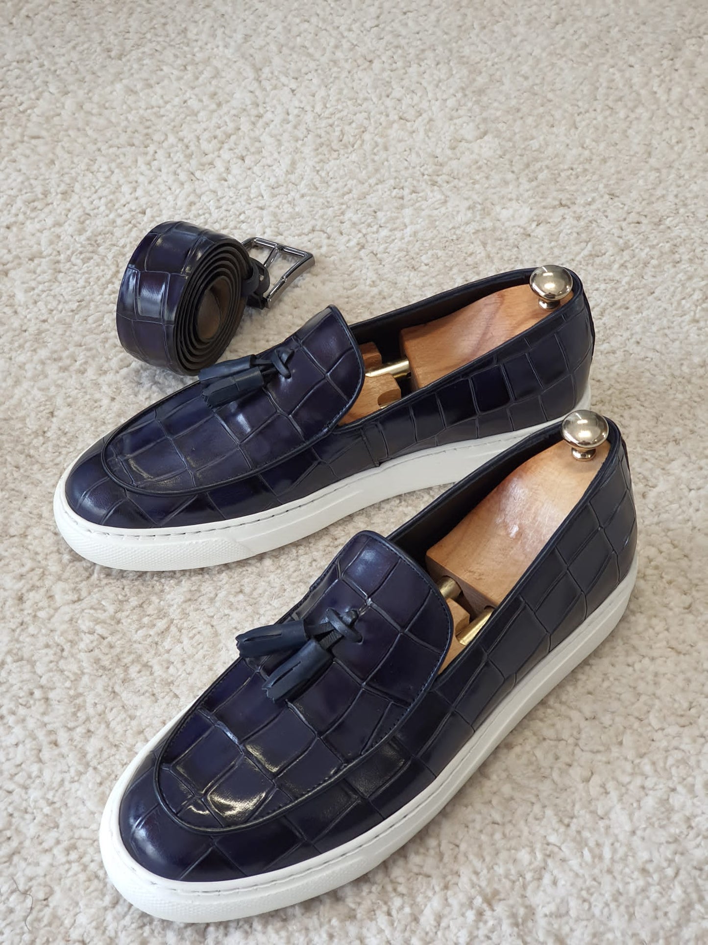Berton Navy Blue Tassel Loafers: Sophisticated Elegance