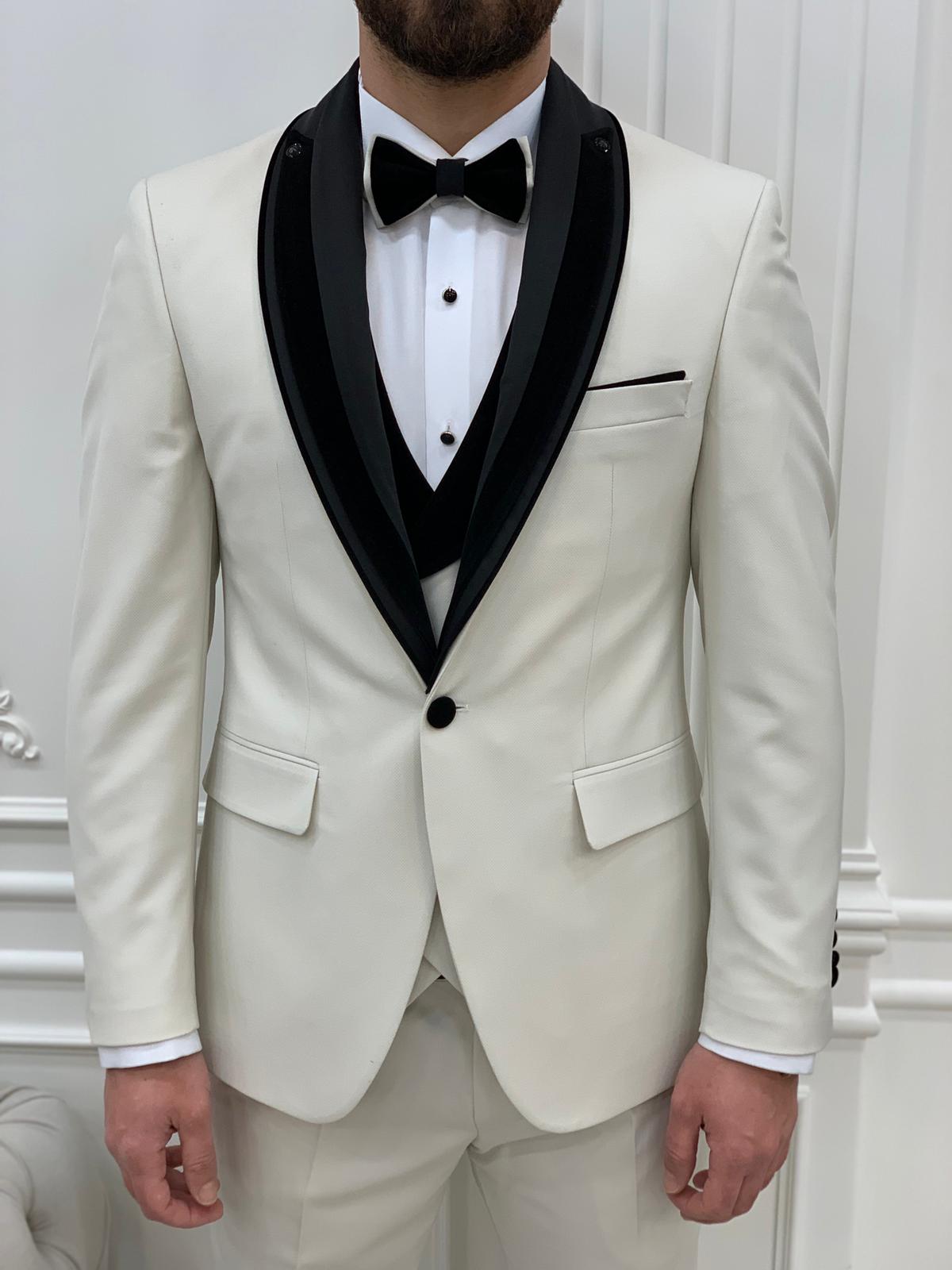 Eden Off White Slim Fit Velvet Satin Shawl Lapel Tuxedo