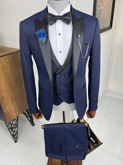 Bensen Slim Fit Patterned Navy Blue Dovetail Collared Tuxedo