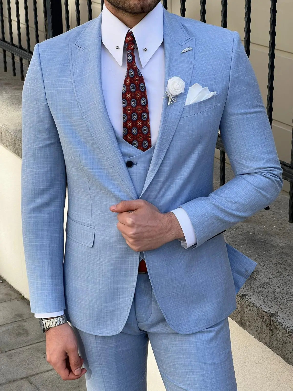 Edmond Sky Blue Slim Fit Peak Lapel Wool Suit: Elegance Redefined BOJONI