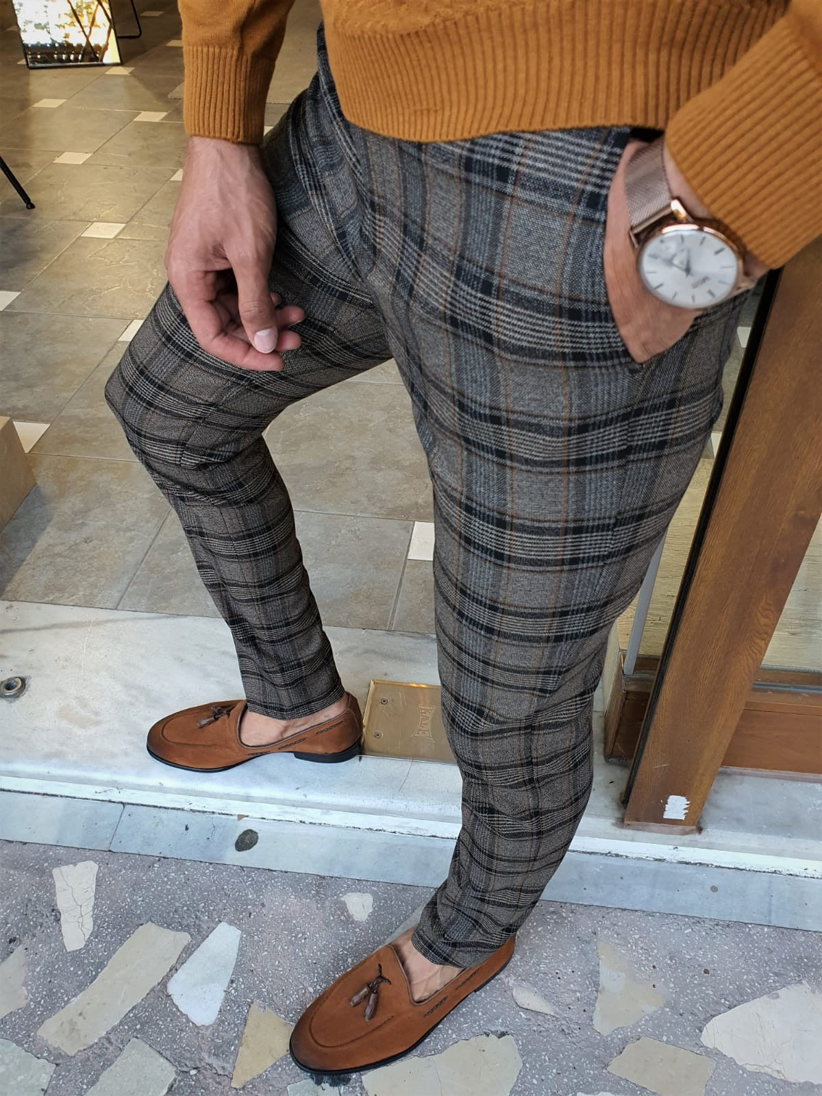 Henderson Camel Slim Fit Plaid Pants for the Modern Man