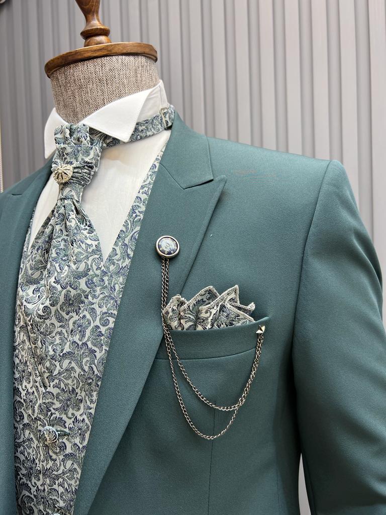 Sorento Green Slim Fit Floral Peak Lapel Groom Suit