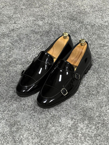 Lenzi Special Edition Neolite Sole Double Monk Shiney Leather Black Shoes