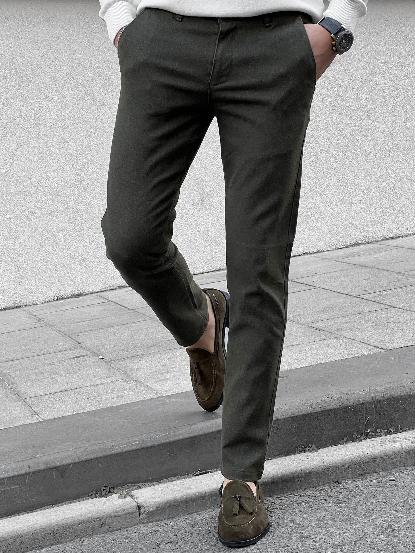Fabio Khaki Slim Fit Cotton Pants