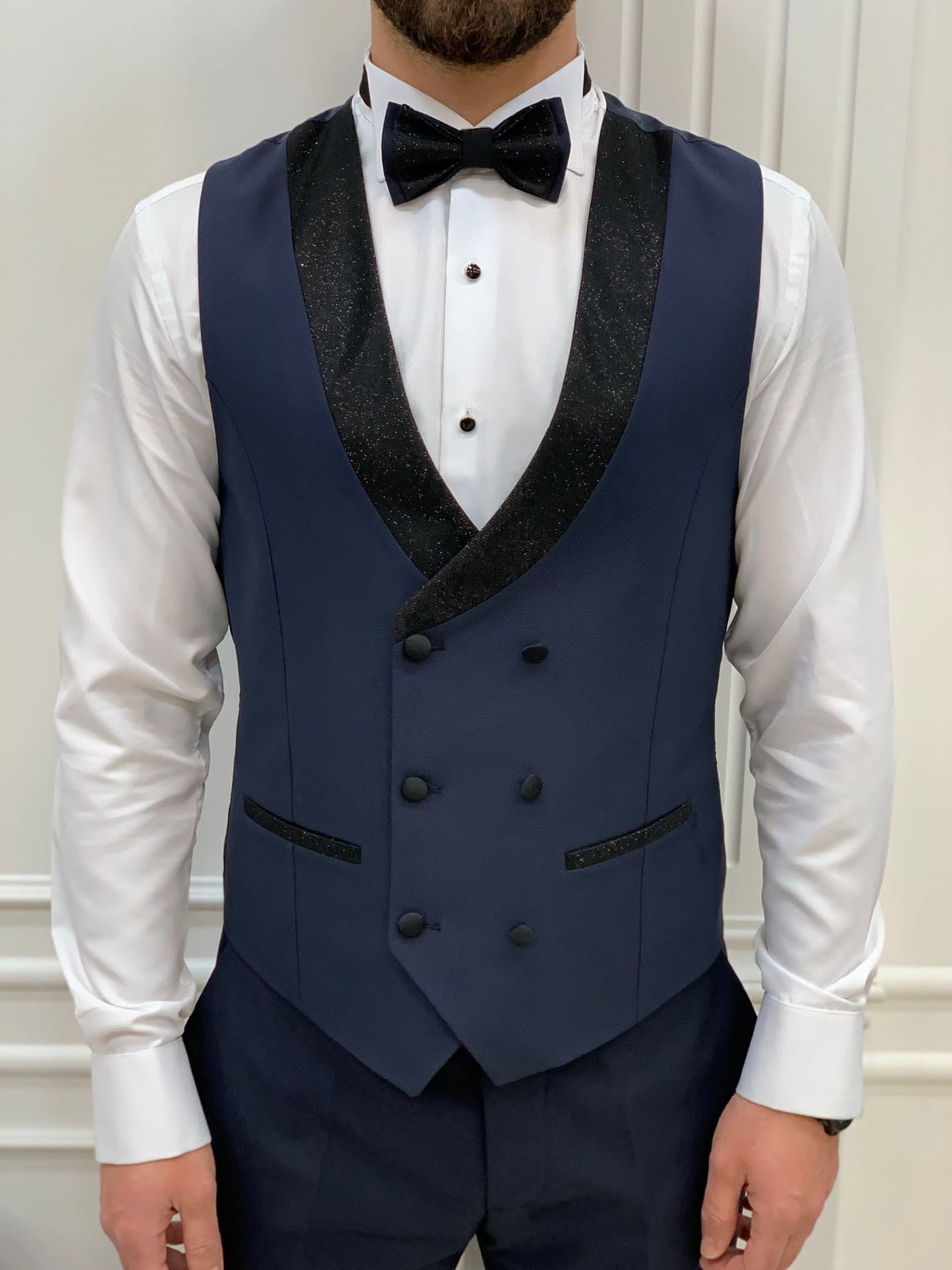 Eden Navy Blue Slim Fit Glitter Shawl Lapel Tuxedo